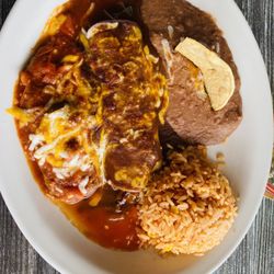 Chile relleno and vegetable enchilades