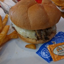 Roger That Wings & Things - Mushroom Swiss burger with fries