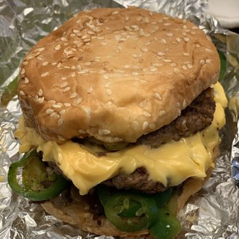Five Guys - Cheeseburger with grilled jalapeños, mushrooms, and onions. - Burgers Near Me - Hayward, California Five Guys - Cheeseburger with grilled jalapeños, mushrooms, and onions. - Burgers Near Me - Hayward, California