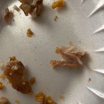 China Garden - This is a more broken up sesame chicken view. The breading is on left side and the piece on the right middle side is a shred of chicken. - Chinese Near Me - Cape Coral, Florida