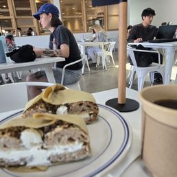 everything bagel with hot coffee