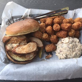 Satchmo's - BBQ chicken sandwich with potato salad and tots - Cajun/Creole Near Me - Flagstaff, Arizona Satchmo's - BBQ chicken sandwich with potato salad and tots - Cajun/Creole Near Me - Flagstaff, Arizona