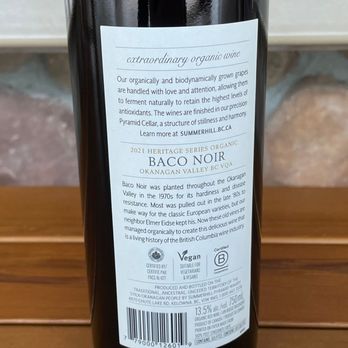 Summerhill Pyramid Winery - Closeup of 2021 baco noir label - Wineries Near Me - Kelowna, British Columbia Summerhill Pyramid Winery - Closeup of 2021 baco noir label - Wineries Near Me - Kelowna, British Columbia