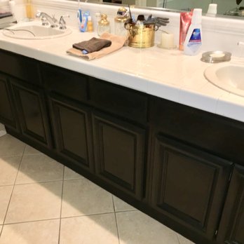 The Refinish Artist - The bathroom cabinets had taken the worst beating. The doors and drawers showed severe signs of ware. Paul Sanded, Primed and refinished. - Cabinetry Near Me The Refinish Artist - The bathroom cabinets had taken the worst beating. The doors and drawers showed severe signs of ware. Paul Sanded, Primed and refinished. - Cabinetry Near Me