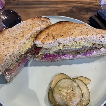 Moku Roots - Reuben sandwich with eggplant and macadamia nut cheese sauce - Vegan Near Me - Kula, Hawaii