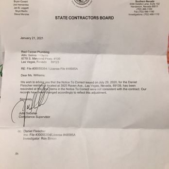 Red Carpet Plumbing - letter from Nevada State Contractors Board - Plumbing Near Me - Las Vegas, Nevada Red Carpet Plumbing - letter from Nevada State Contractors Board - Plumbing Near Me - Las Vegas, Nevada