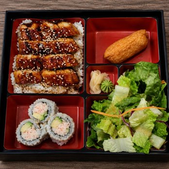 Maki Bar - Smoked eel bento -- grilled eel over rice with California rolls, inari, and garden salad. - Japanese Near Me - Bethesda, Maryland Maki Bar - Smoked eel bento -- grilled eel over rice with California rolls, inari, and garden salad. - Japanese Near Me - Bethesda, Maryland
