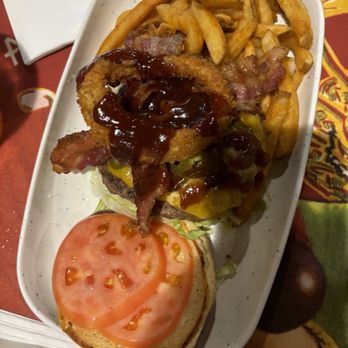 Cheeseburger In Paradise - Cheeseburger with onion rings-stacked! - Burgers Near Me - Honolulu, Hawaii