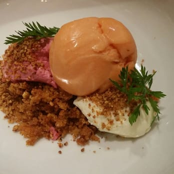 Localis - Carrot cake with goat cheese cream and carrot and ginger sorbet - New American Near Me - Sacramento, California Localis - Carrot cake with goat cheese cream and carrot and ginger sorbet - New American Near Me - Sacramento, California