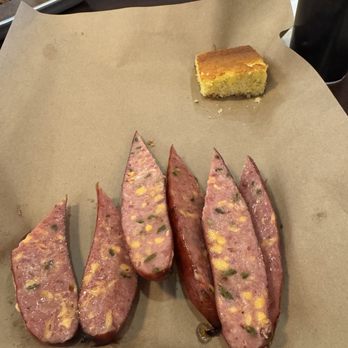 Mission BBQ - Jalapeño & Chz Sausage, with a square of complimentary cornbread - Barbeque Near Me - Henderson, Nevada