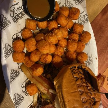 Ford's Garage Plano - Burger with sweet potato tots and caramel dipping sauce - Burgers Near Me - Plano, Texas Ford's Garage Plano - Burger with sweet potato tots and caramel dipping sauce - Burgers Near Me - Plano, Texas