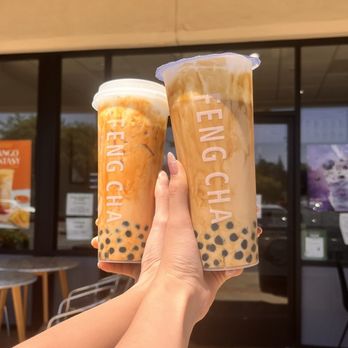 Feng Cha - brown sugar milk tea (front) and creme brulee drink (back) both with cheese foam - Desserts Near Me - Mountain View, California Feng Cha - brown sugar milk tea (front) and creme brulee drink (back) both with cheese foam - Desserts Near Me - Mountain View, California