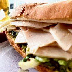 Sam's To Go - The Mesa - beauty shot of my turkey&cheese w/ avocado - and, yeah, that's a beer in the b.g.