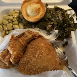 Angel's Soul Food, BBQ & Fried chicken - Fried chicken, greens, lima beans, and a corn muffin.