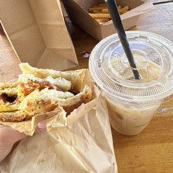 Sevier Coffee - Bacon, egg, and cheese bagel and iced caramel macchiato. Delicious!