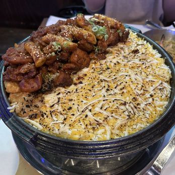 Louders - spicy chicken, rice cakes, and cheese on top of hashbrowns - Asian Fusion Near Me - Los Angeles, California Louders - spicy chicken, rice cakes, and cheese on top of hashbrowns - Asian Fusion Near Me - Los Angeles, California