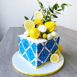Keisha Cakes - Lemon and blue tile themed baby shower cake