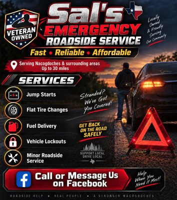 Emergency Roadside Service - US Veteran Owned & Operated
🔋 Jump Starts • 🛞 Tire Changes • 🔑 Lockouts • ⛽ Fuel Delivery
📍 Serving Nacogdoches & surrounding areas
📞 Fast, dependable roadside help when you need it most. Emergency Roadside Service - US Veteran Owned & Operated
🔋 Jump Starts • 🛞 Tire Changes • 🔑 Lockouts • ⛽ Fuel Delivery
📍 Serving Nacogdoches & surrounding areas
📞 Fast, dependable roadside help when you need it most.