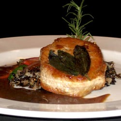 Katering By Kreft - Pan Seared Pork Lion with Fried Sage Leaves, Wild Rice Pilaf, Sauteed Carrots and a Mushroom Demi.