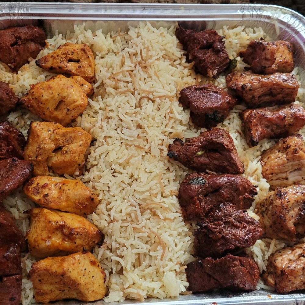 Ararat Market - Family Tray: Lamb, Chicken, Beef, & Pork with rice pilaf, pita bread, and garlic sauce - Armenian Near Me - Clovis, California