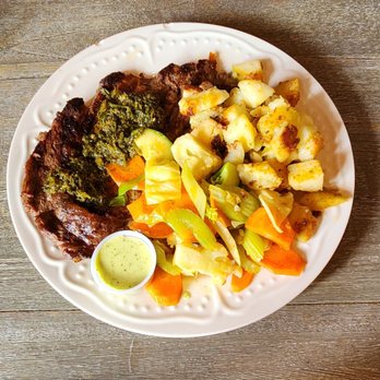Sage Social Eatery - Chimichurri skirt steak with veggies and rosemary potatoes - Latin American Near Me - Covina, California Sage Social Eatery - Chimichurri skirt steak with veggies and rosemary potatoes - Latin American Near Me - Covina, California