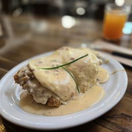 Biscuits & gravy with fried steak.
