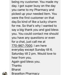 Braselton Pharmacy - What the person who served me messaged saying. I only went for condoms.