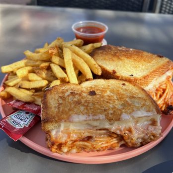 Burnt Crumbs - Spaghetti Grilled Cheese Sandwich this was not my favorite, super bland, fries were ok. - New American Near Me - Irvine, California