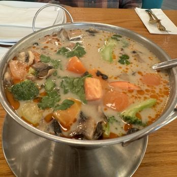 Silk n Spice Thai Cuisine - Large volcano serving of coconut soup. We substituted shrimp. I thought this was really good. - Thai Near Me - Cypress, Texas