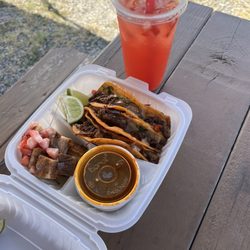 Birria Tacos and Strawberry drink