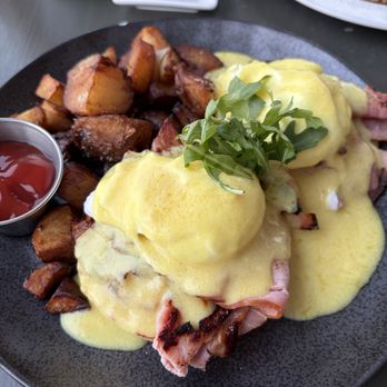 Caleb's American Kitchen - Eggs Benedict: two poached eggs topped with hollandaise on english muffins with maple glazed ham and rosemary roasted potatoes ($16) - New American Near Me - Lahaska, Pennsylvania