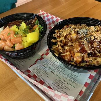 Gung Ho - Tulsa - Left: 2 Proteins Poke Bowl (salmon + eel) Right: 3 Proteins Poke Bowl (tempura shrimp, salmon, crab) - Bubble Tea Near Me - Tulsa, Oklahoma