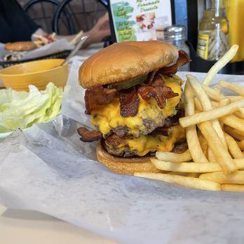 Old Mill Country Kitchen - Double cheeseburger, fries , lettuce on the side (I didn't want the heat to wilt it prior to eating it) - Pop-Up Restaurants Near Me - Opelika, Alabama
