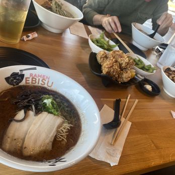 Ramen Ebisu - Counterclockwise from left: black garlic ramen, karaage, edamame, chirashi, veggie ramen. - Ramen Near Me - Henderson, Nevada