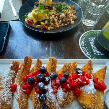 Blu Jam Cafe - Norwegian Benedict (top) and Crunchy French toast (bottom) - Breakfast & Brunch Near Me - Los Angeles, California Blu Jam Cafe - Norwegian Benedict (top) and Crunchy French toast (bottom) - Breakfast & Brunch Near Me - Los Angeles, California