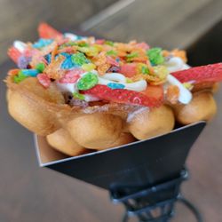 Gordo’s Bubble Waffles - It's a waffle, made in a bubble shaped iron, used as an ice cream cone!