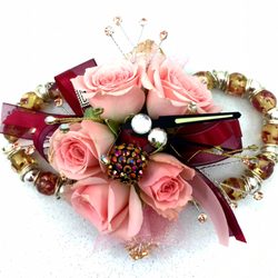 Miss Scarlett's Flowers - Steampunk wrist corsage with ponk spray roses, copper and burgundy embellishments