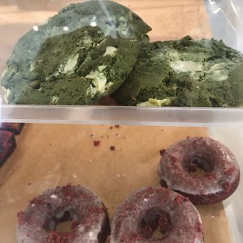 Condron Coffee - Green Matcha White Chocolate Chip cookies and donuts on display. - Coffee & Tea Near Me - Riverside, California