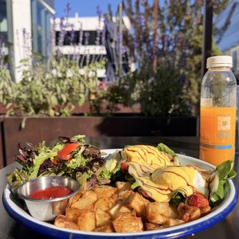 Olive & Finch - Caprese Benedict VG and fresh squeezed orange juice in a bottle - New American Near Me - Denver, Colorado Olive & Finch - Caprese Benedict VG and fresh squeezed orange juice in a bottle - New American Near Me - Denver, Colorado