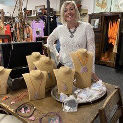 Newtique Boutique - Toni Burghardt of Five Lakes Art with her jewelry