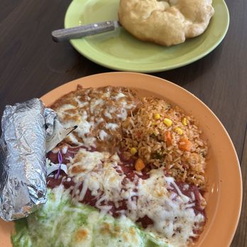 La Indita - Chile relleno with red and green chile and popover - Mexican Near Me - Tucson, Arizona