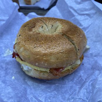 Pavement Coffeehouse - Sunrise Bagel with added cream cheese on rosemary salt bagel - Coffee & Tea Near Me - Boston, Massachusetts Pavement Coffeehouse - Sunrise Bagel with added cream cheese on rosemary salt bagel - Coffee & Tea Near Me - Boston, Massachusetts