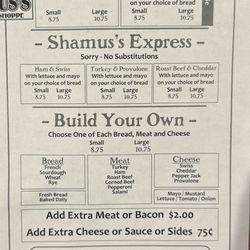 Shamus's Sandwich Shoppe - Menu