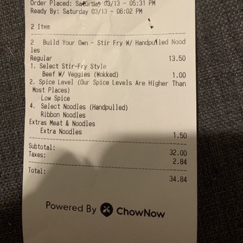 The Handpulled Noodle - Receipt - Chinese Near Me - New York, New York