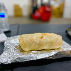 Chicken Burrito with rice and beans.