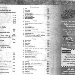 Bheemas Indian Restaurant - Take away menu