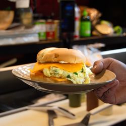 A Leap of Taste - The Pillow Talk Sandwich ,  fluffy scrambled egg, with cheddar cheese and a touch of oregano aeoli at Leap of Taste, Klamath Falls.