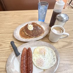 Olympic Coney Island - Smoked sausage, eggs 2 pancakes breakfast