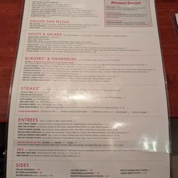 Starters, pizza, steak, entrees menu