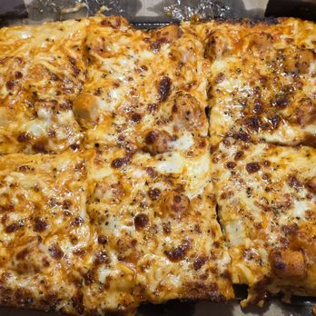 One Pie Pizza - QTR Sheet (6 slices) The BFLO Chicken Finger Pizza [blue cheese base]:  It looks messy, but the slices are easy to pick up - Pizza Near Me - West Seneca, New York